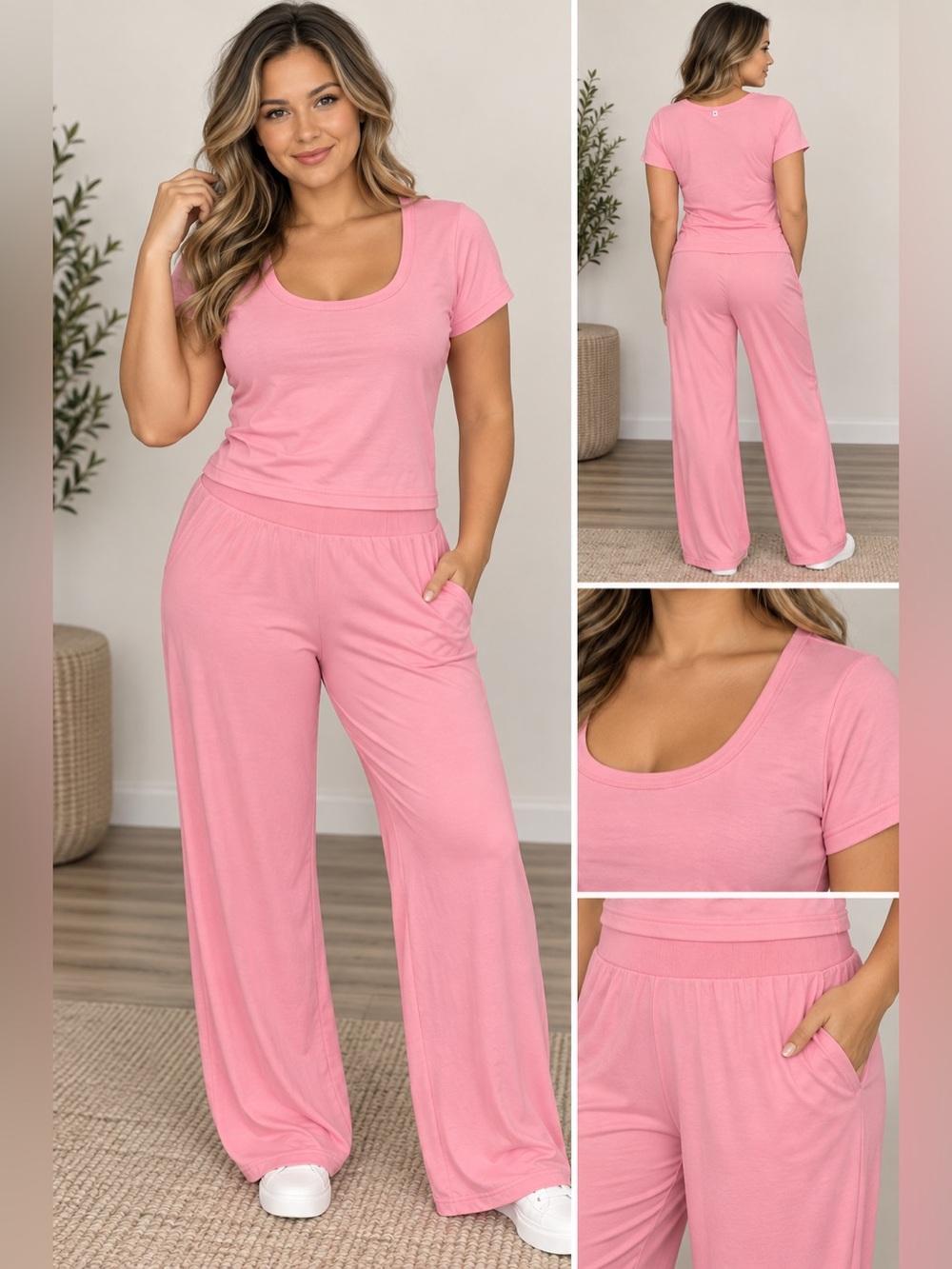 Women’s Pink Lounge Pajama Set - Short Sleeve Top & Wide Leg Pants